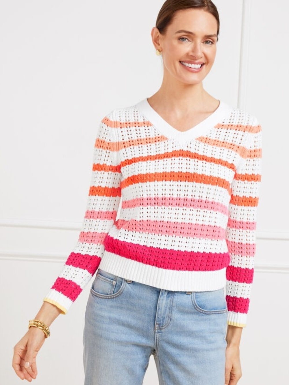 Talbots Open Stitch Cotton V-Neck Pullover Sweater Multi Stripe Size L